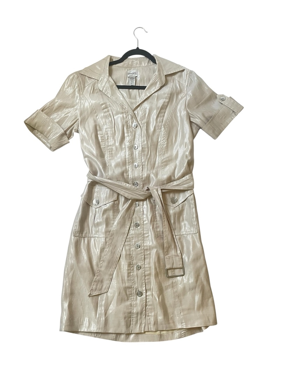 Chicos metallic button down collared midi length dress size 1.5